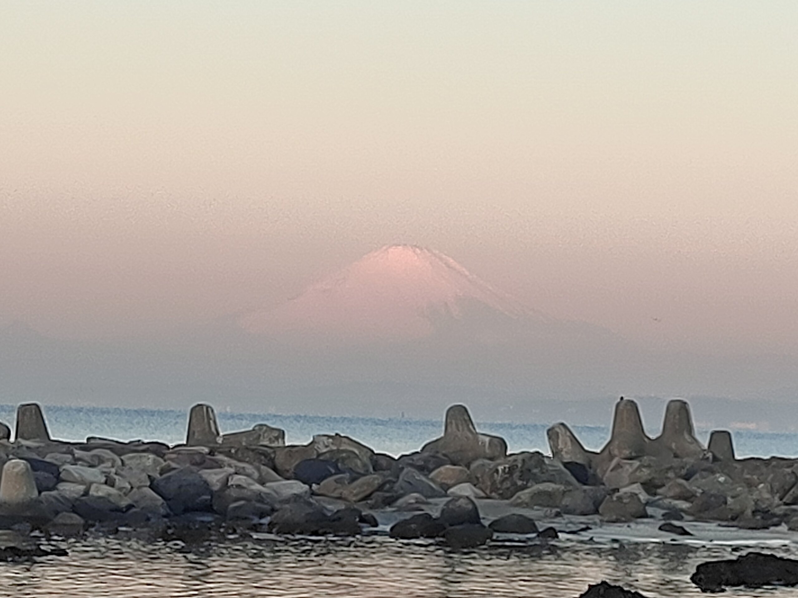 逗子の海岸から、うっすらの富士山がみえる。本日はもやが出ているが、伊豆の天城山などもみえるという。